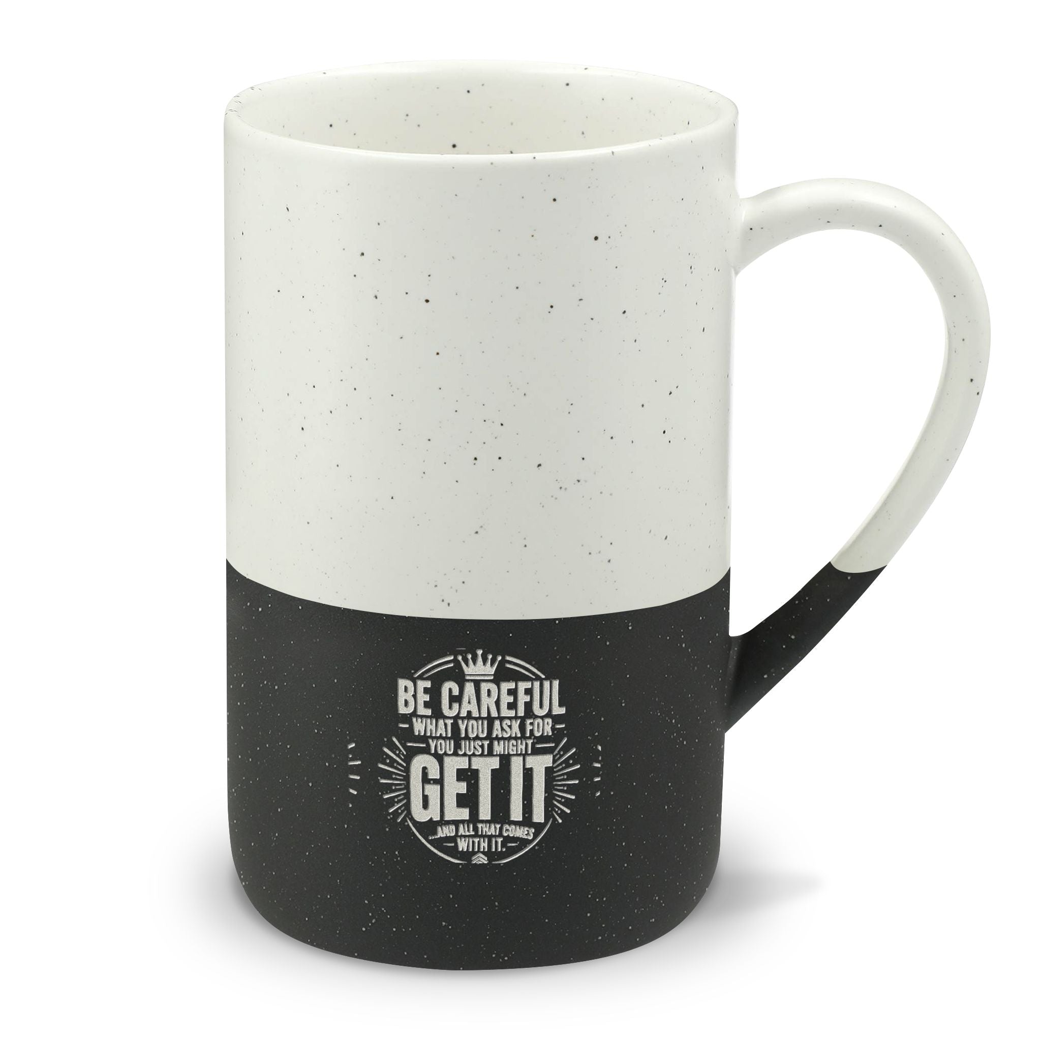 Speckled Ceramic 13oz Mug — Two-Tone Engraved "Be Careful" Vintage Logo